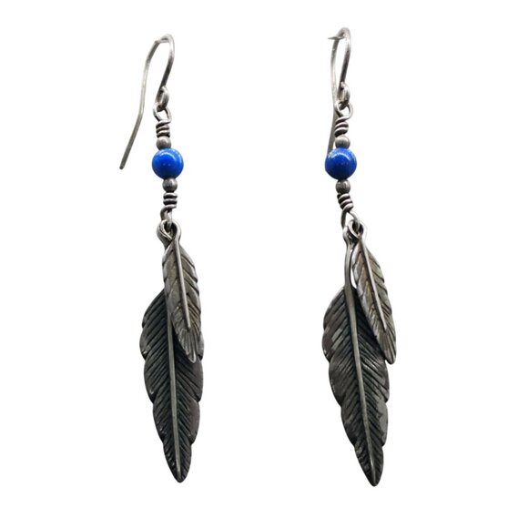 Vtg Native Sterling Silver Dangle Feather Earrings Lapis Lazuli Bead Southwest - Picture 2 of 7